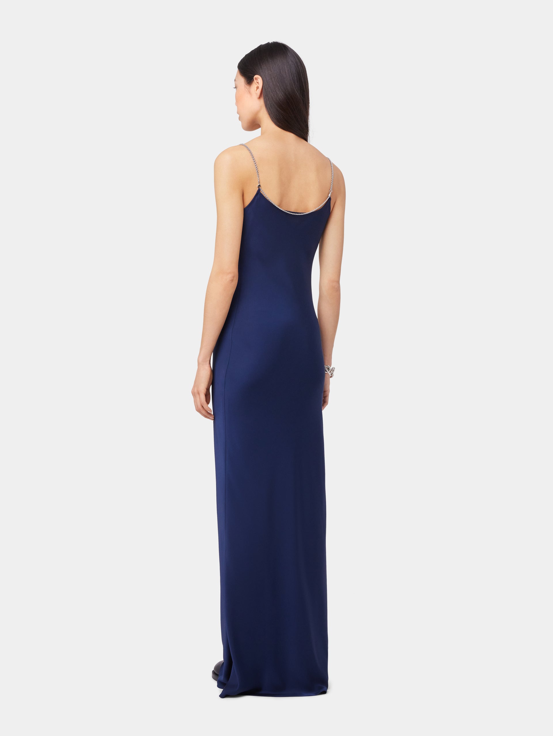 BLUE NAVY LONG SLEEVELESS DRESS IN SATIN