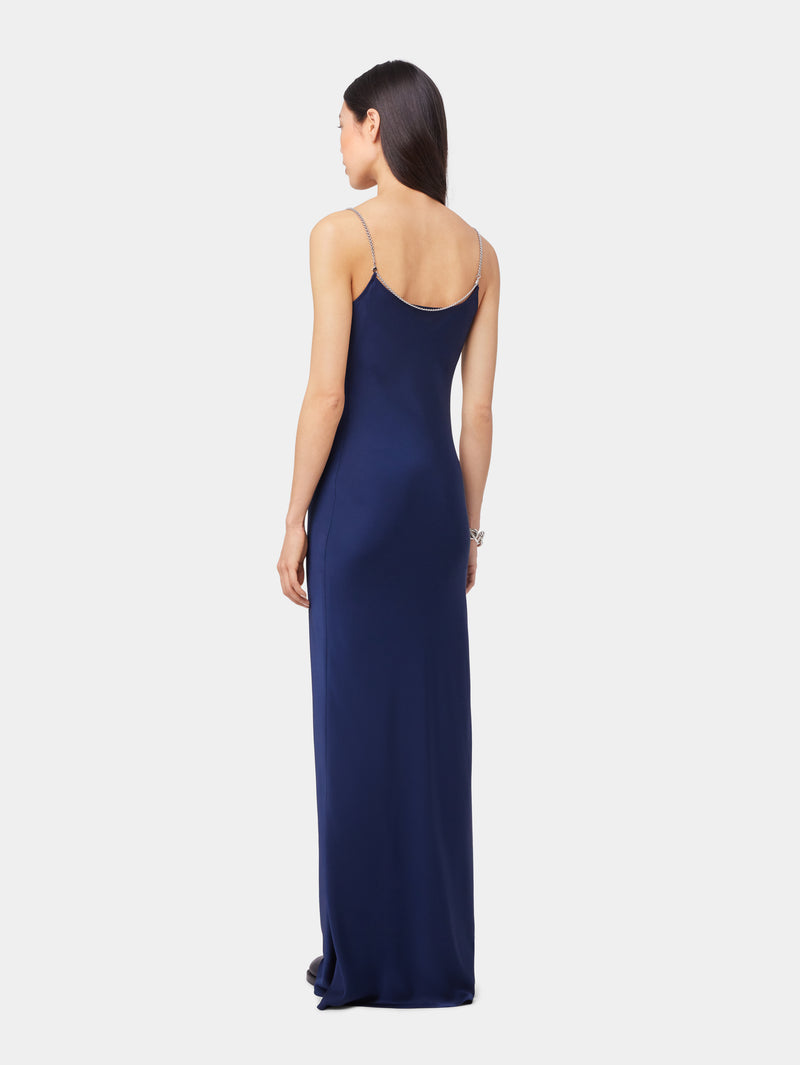 BLUE NAVY LONG SLEEVELESS DRESS IN SATIN