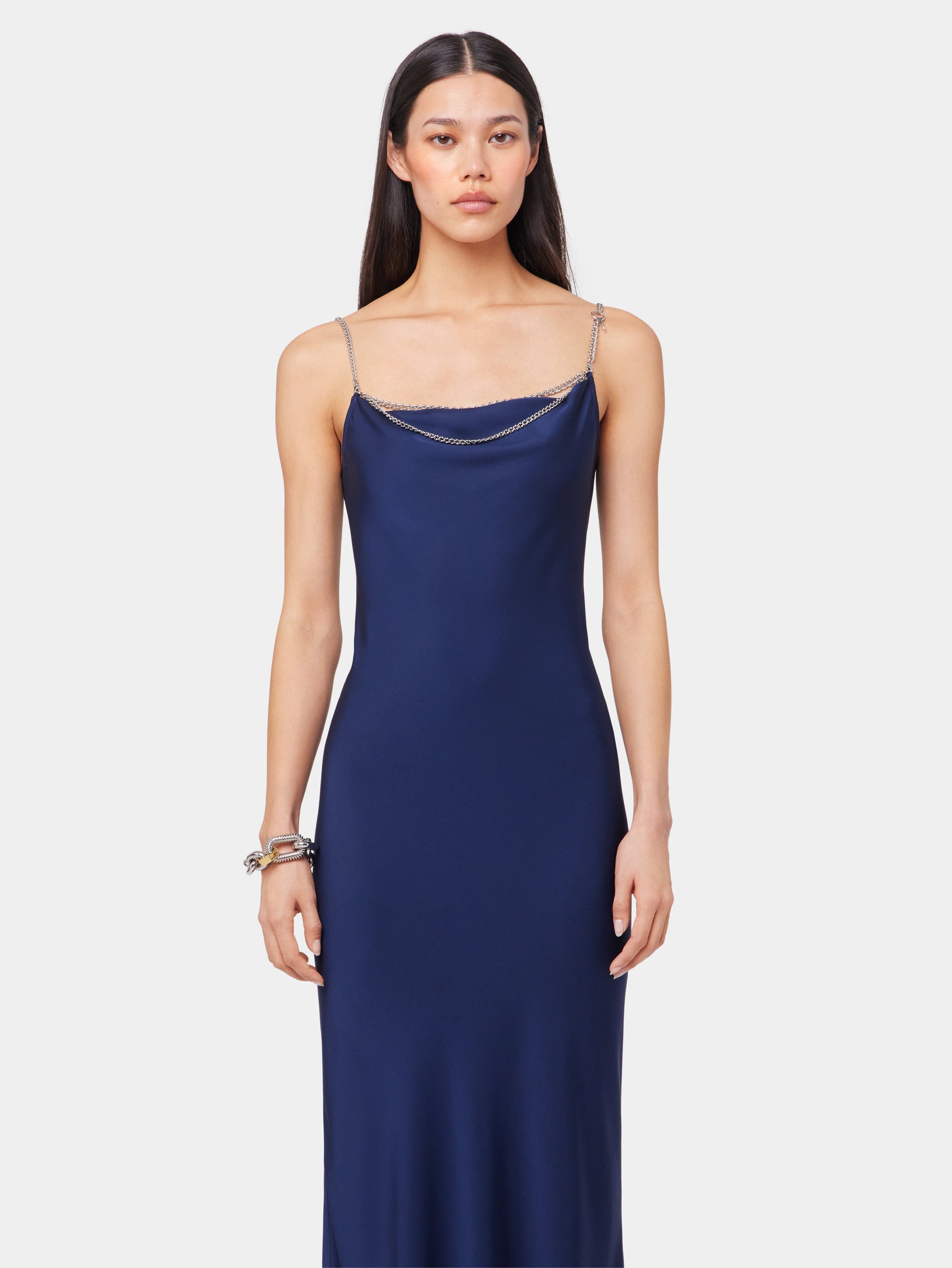 BLUE NAVY LONG SLEEVELESS DRESS IN SATIN