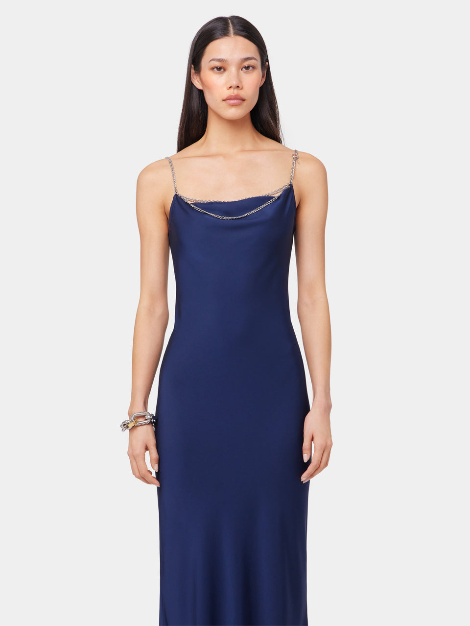 BLUE NAVY LONG SLEEVELESS DRESS IN SATIN