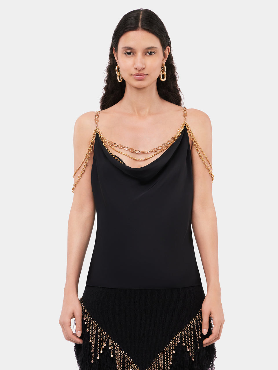 Black top embellished with "Eight" signature chain