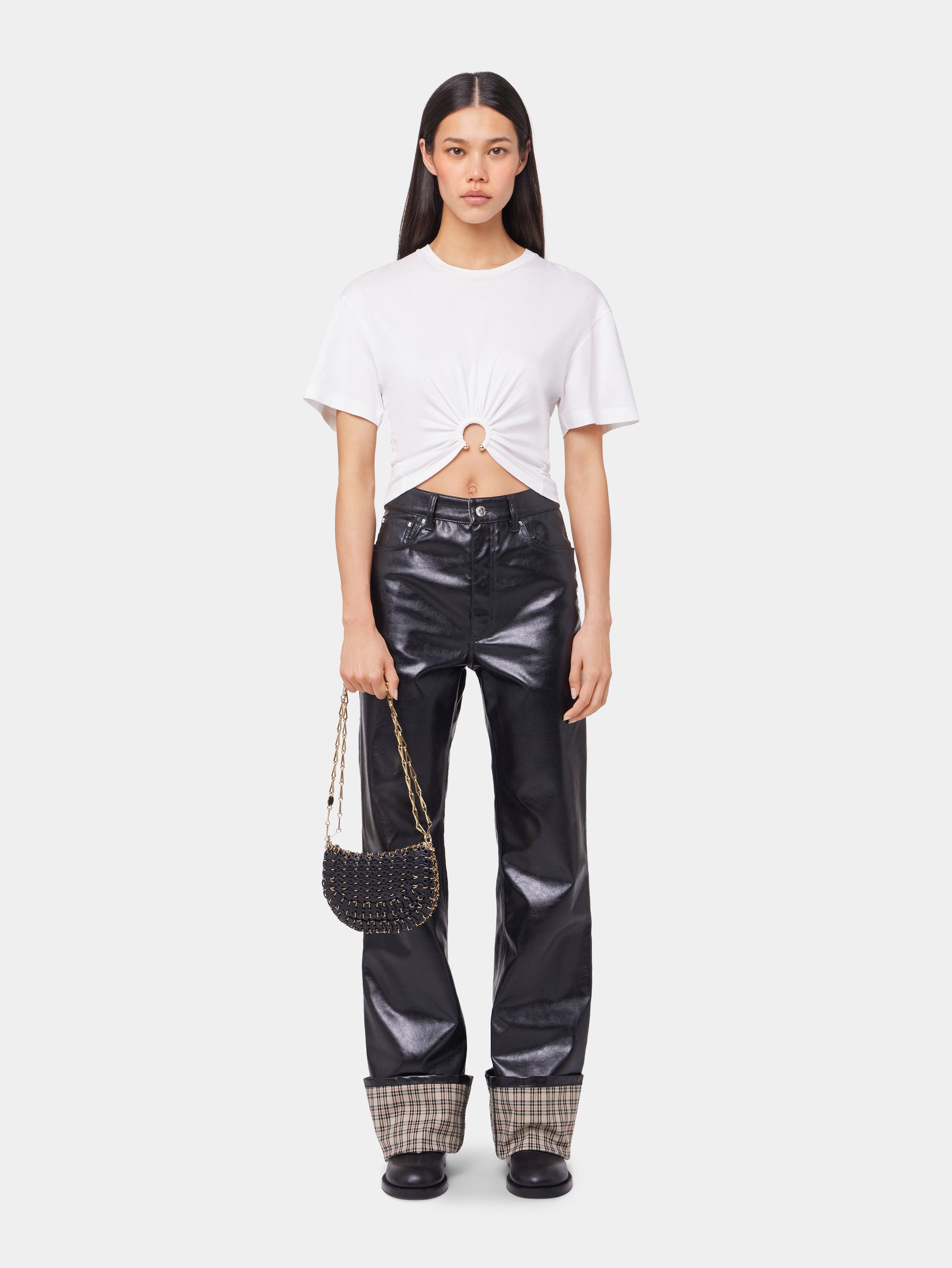 BLACK FLARED TROUSERS IN IMITATION LEATHER