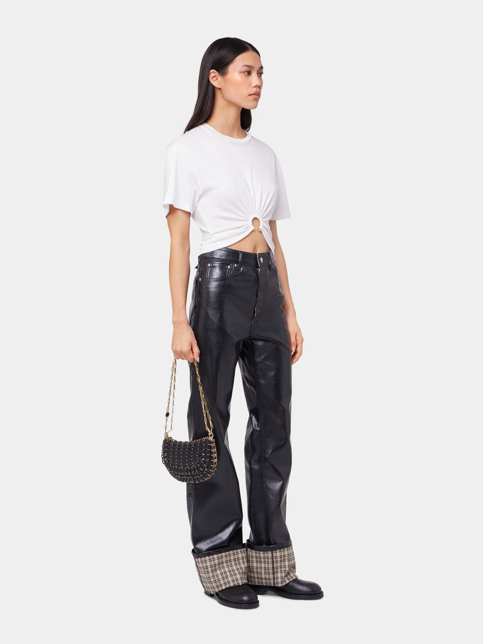 BLACK FLARED TROUSERS IN IMITATION LEATHER