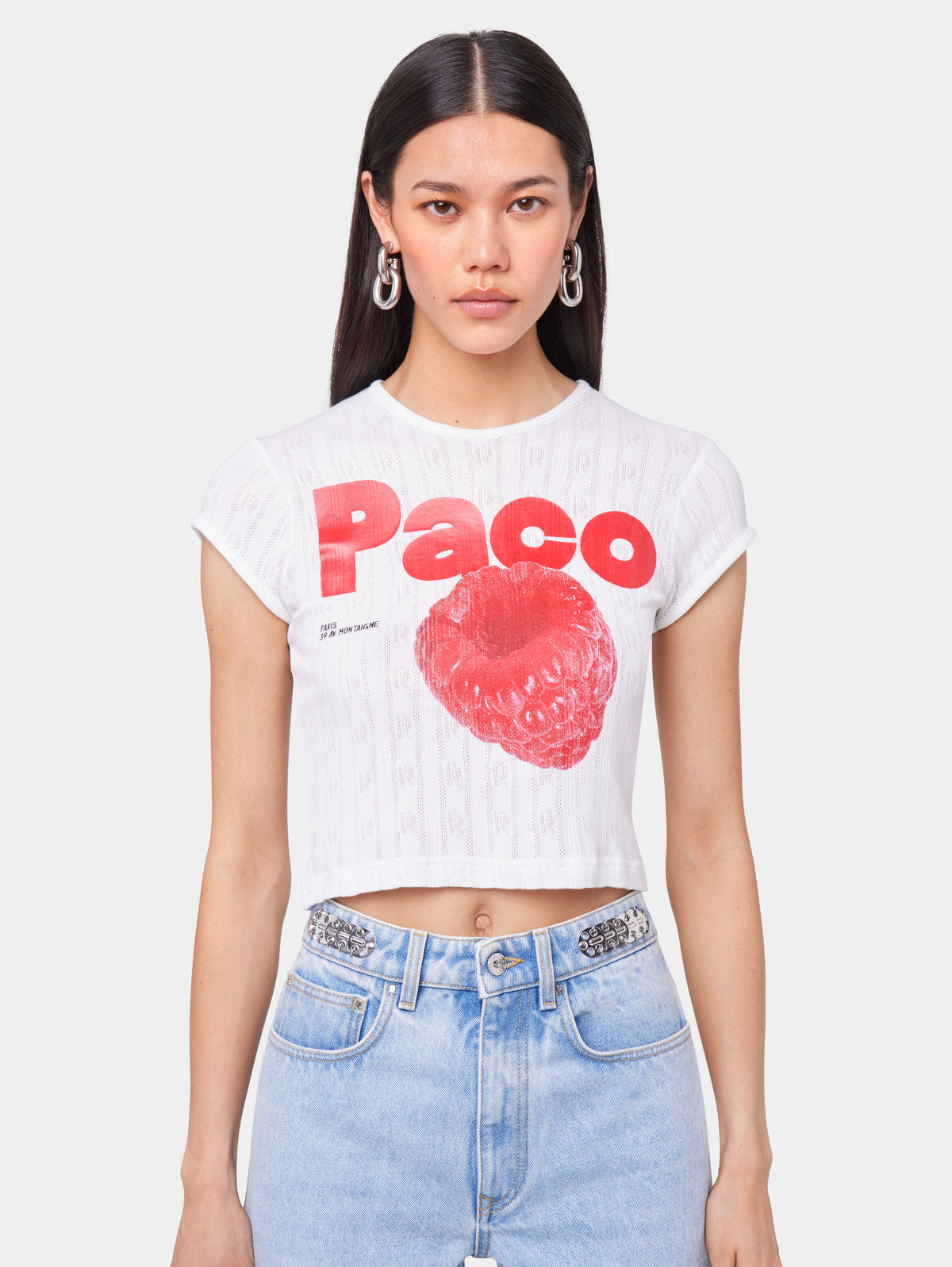 WHITE CROP TEE-SHIRT IN JERSEY POINTELLE position 2 - Image 2