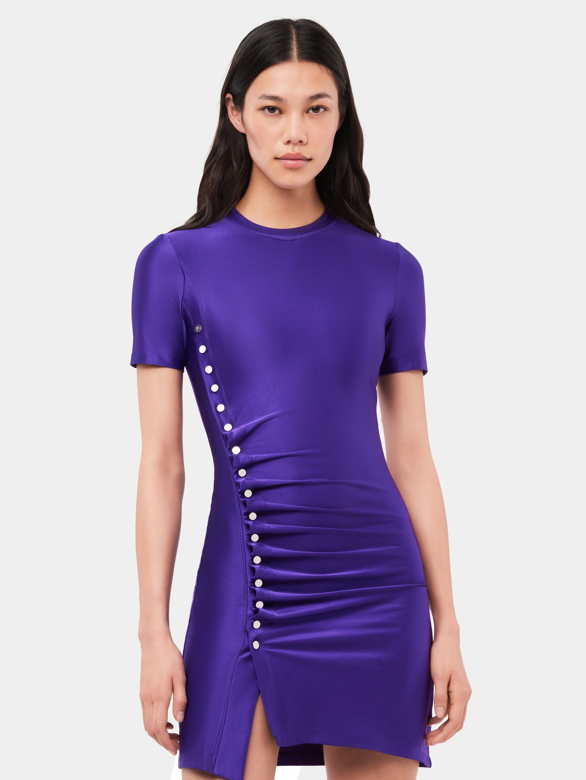 Purple drapé pression mini dress