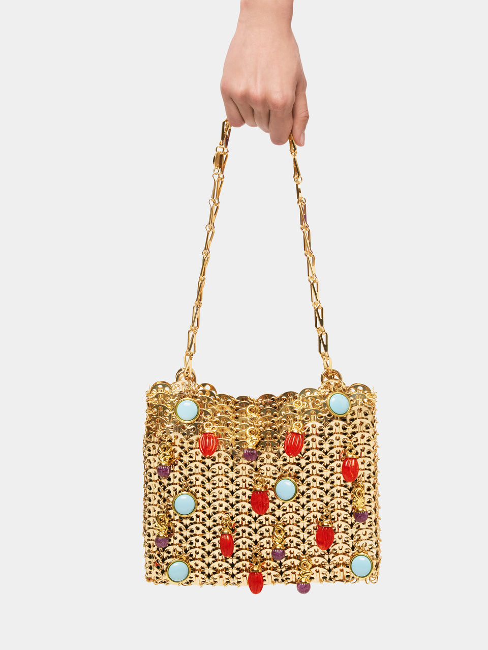 Iconic gold 1969 bag embellished with multi colored pampilles