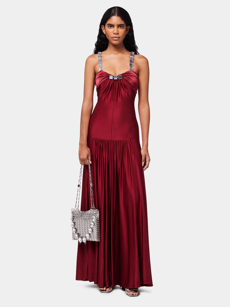 Long Ruby draped dress with mirror-effect embellishments