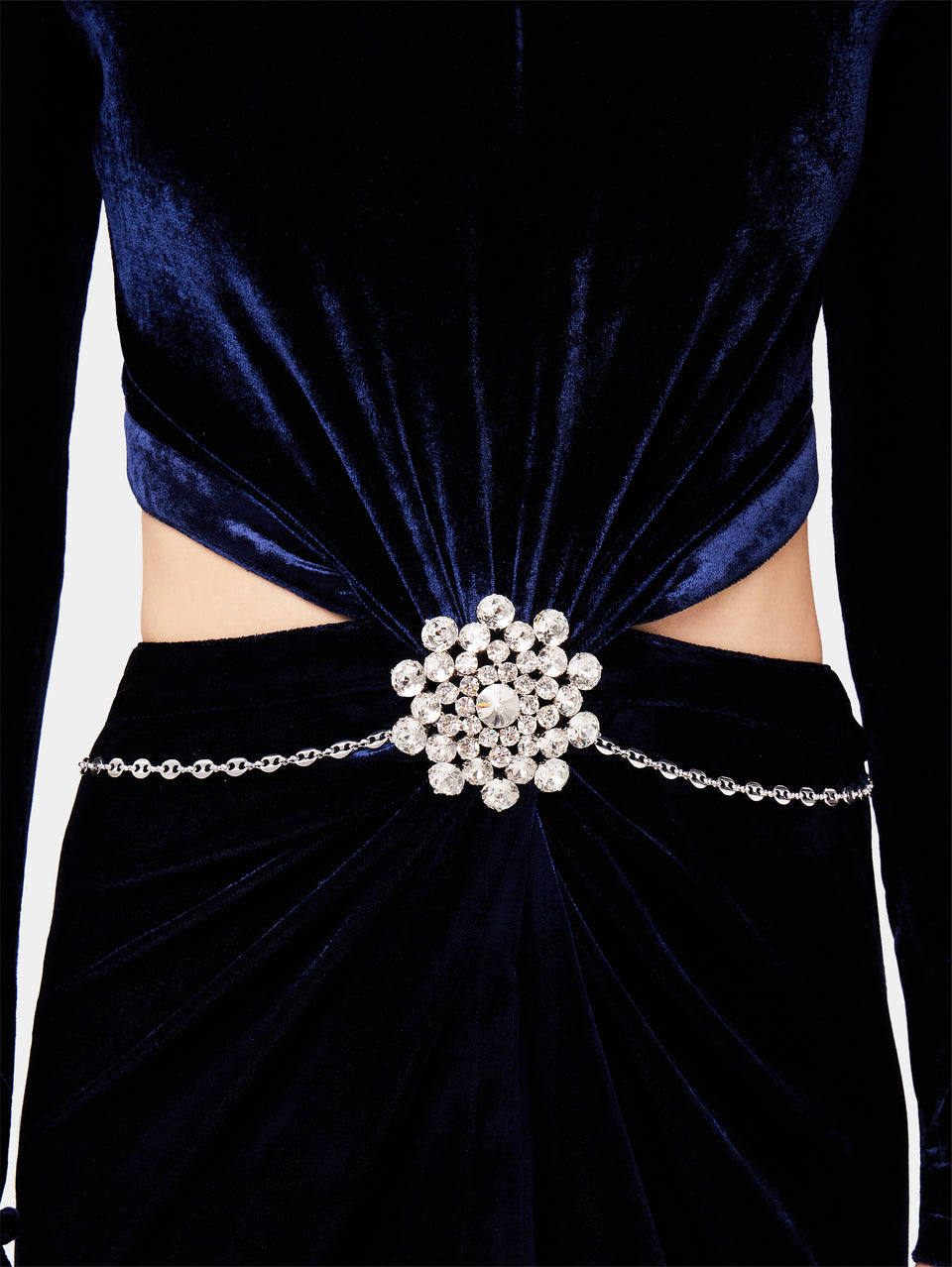 long blue velvet dress with jewelled belt