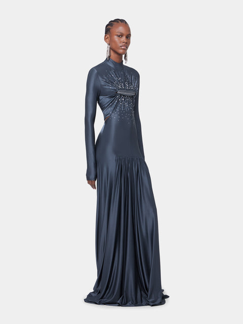 LONG SLATE EMBROIDERED DRESS IN JERSEY