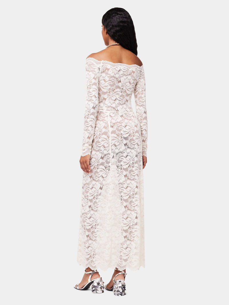 long Ivory lace dress with bardot collar