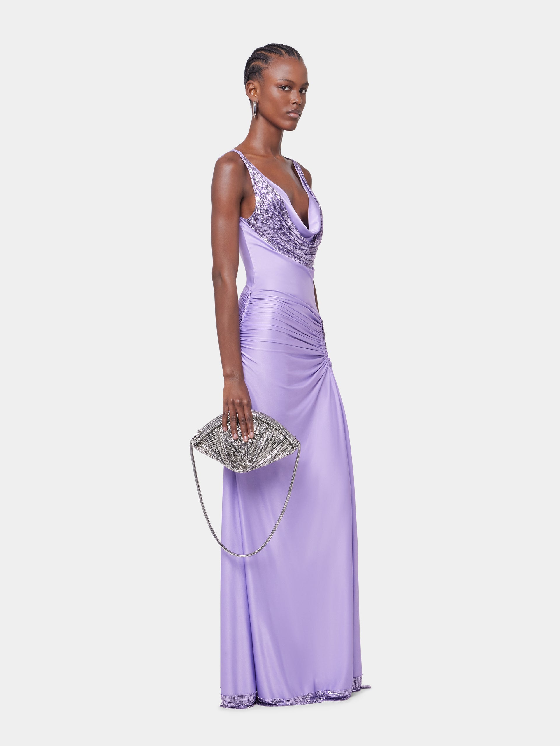 LAVENDER LONG DRESS IN MESH AND JERSEY