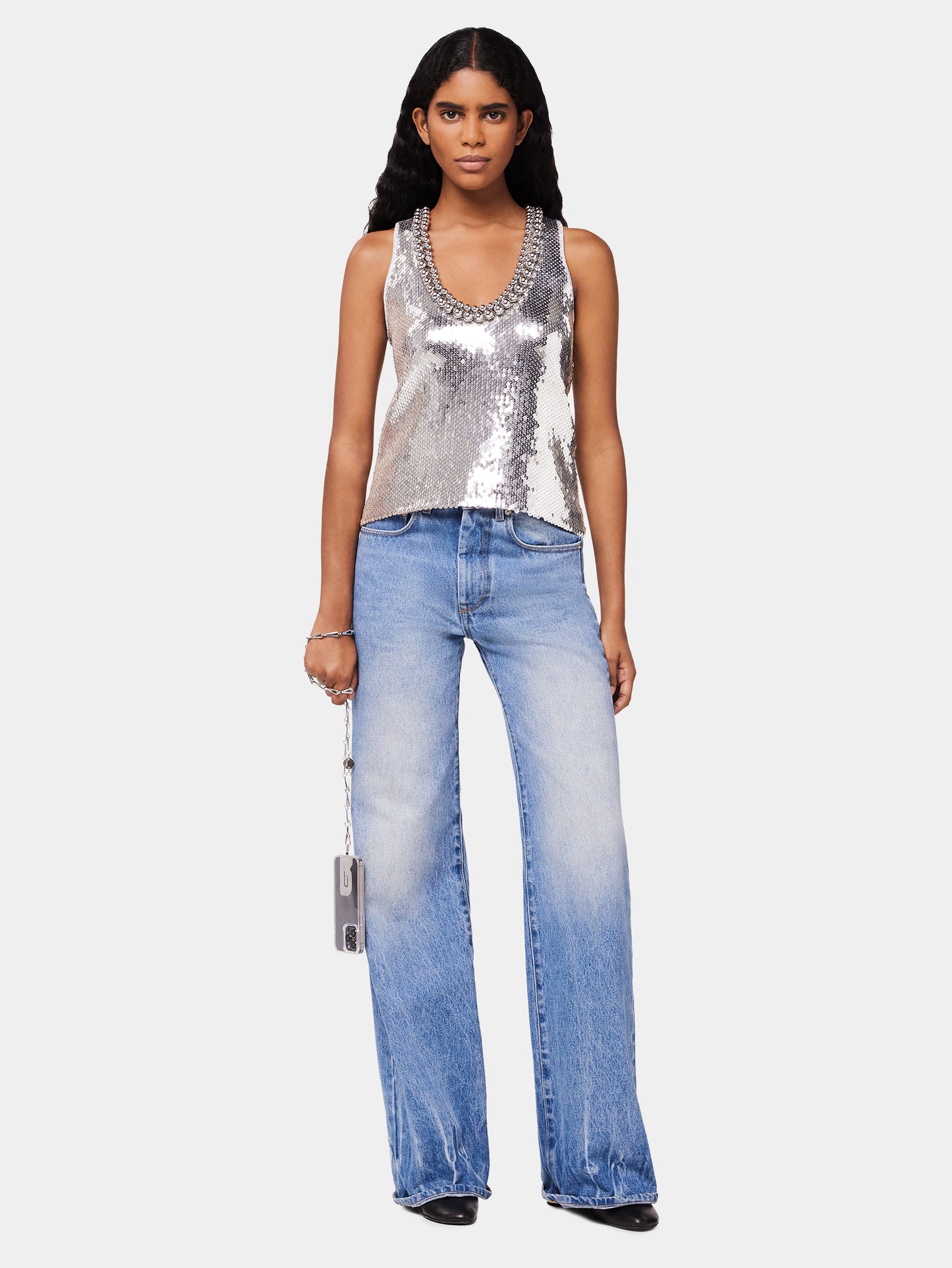Débardeur à décolleté rond sequins argent