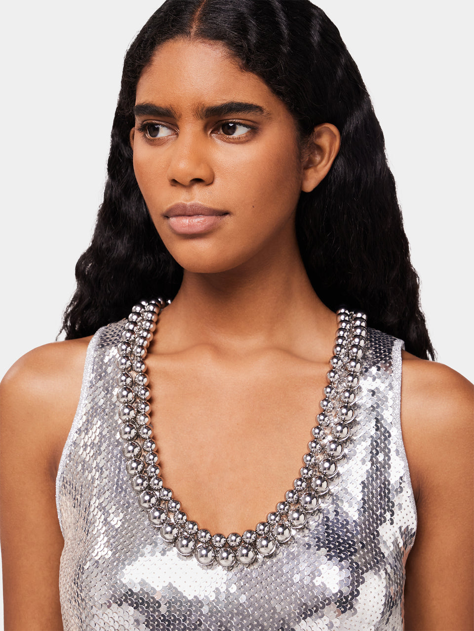 silver chainmail tank top with metallic pearled neckline