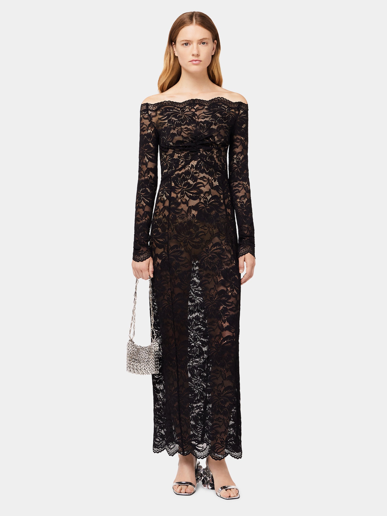 Long black lace dress with bardot collar position 1 - Image 1