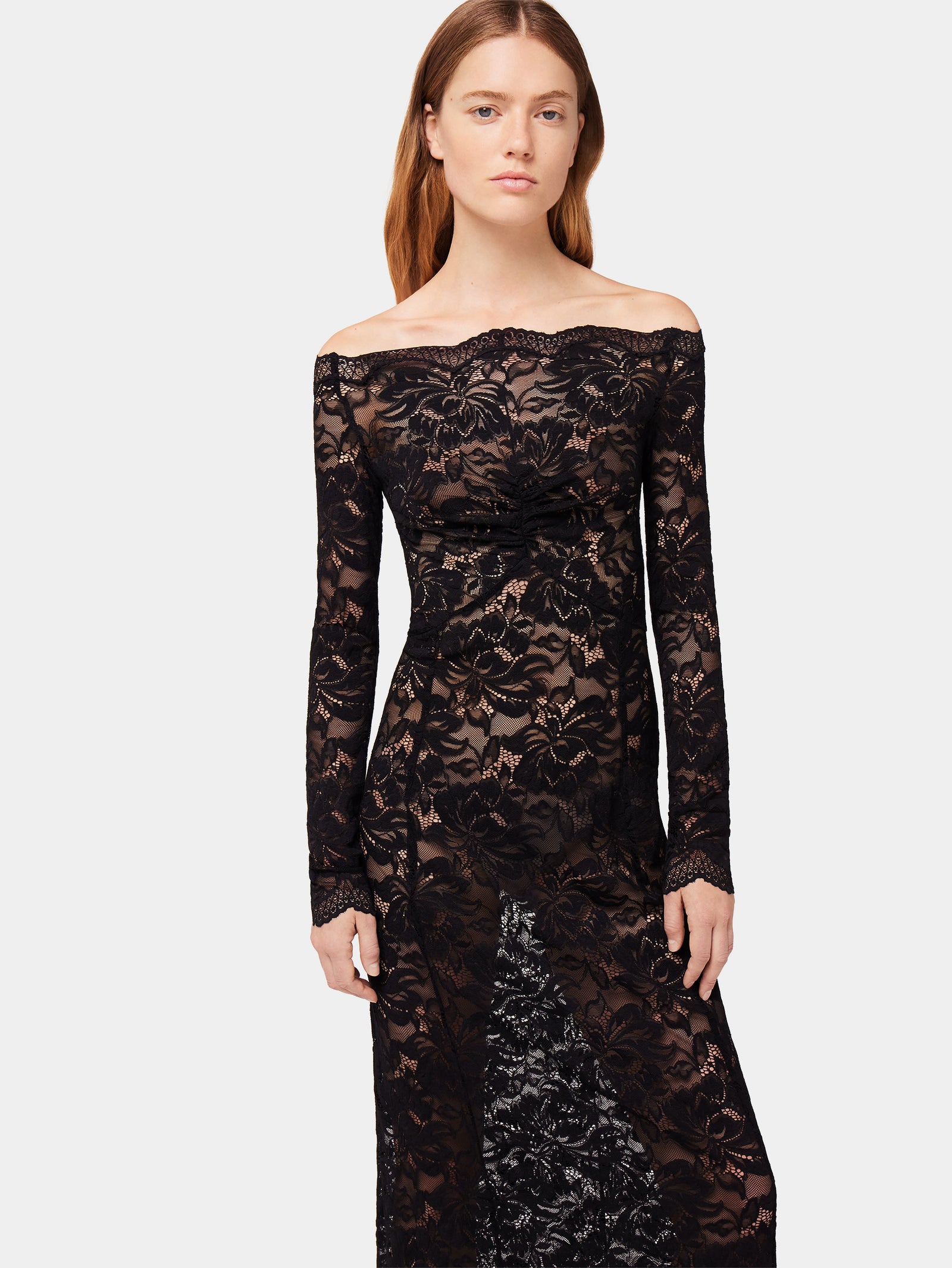 Long black lace dress with bardot collar position 2 - Image 2
