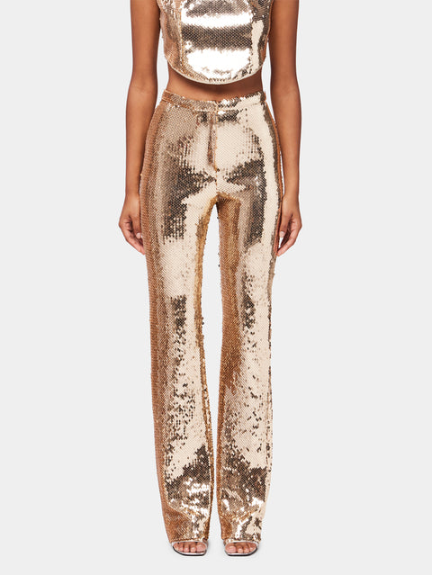 Gold sequins trousers with metallic pearled detail