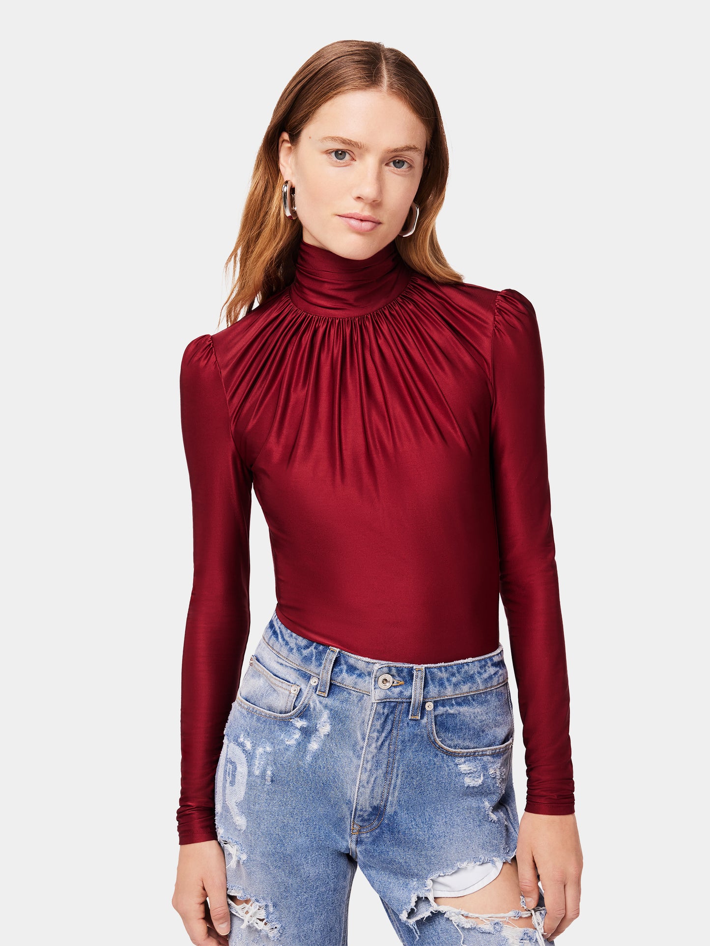 Draped ruby turtleneck