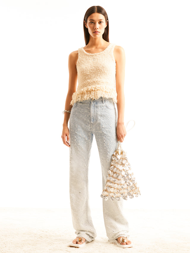 Creme woven top with knitted fringes