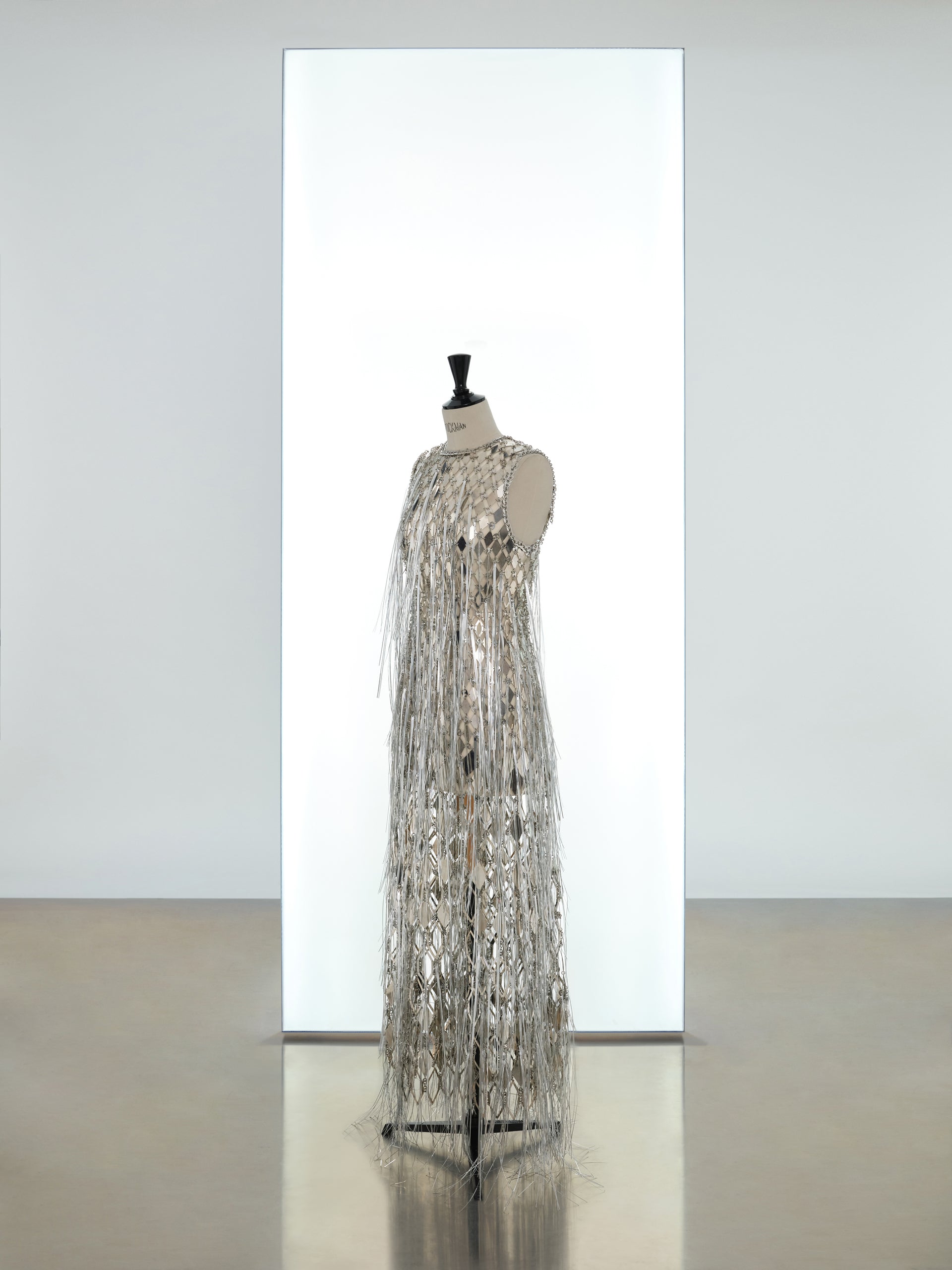 Long dress made in diamond shaped metallic assembly and fringes
