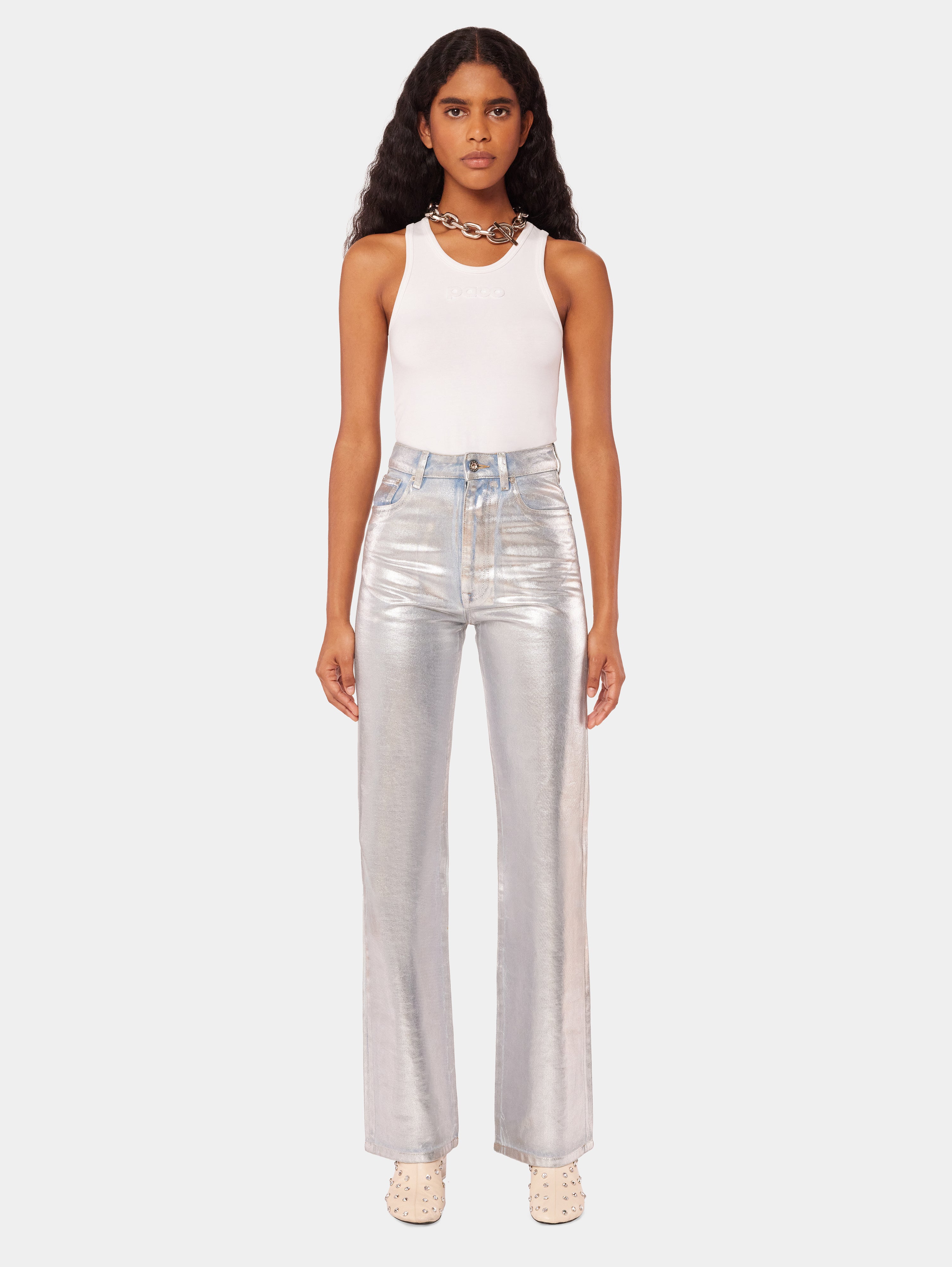 Silver metallic straight-leg pants | Rabanne