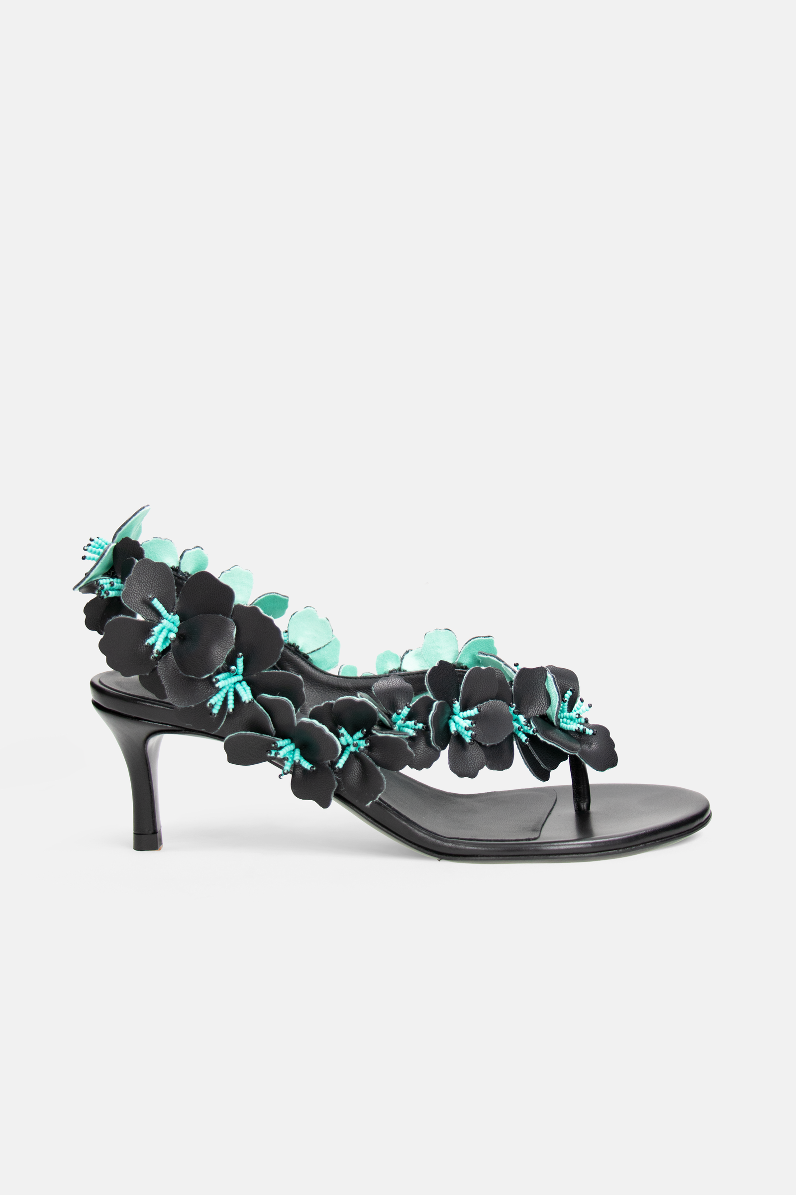 Kitten heel sandals in bi-color black and teal adorned with leather flowers position 1 - Image 1