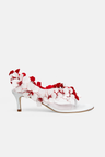 Kitten heel sandals in bi-color white and red adorned with leather flowers