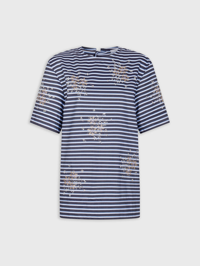 STRIPED WHITE AND BLUE EMBROIDERED TEE-SHIRT IN COTTON POPLIN