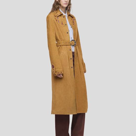 Straight camel leather trench coat with embellishments