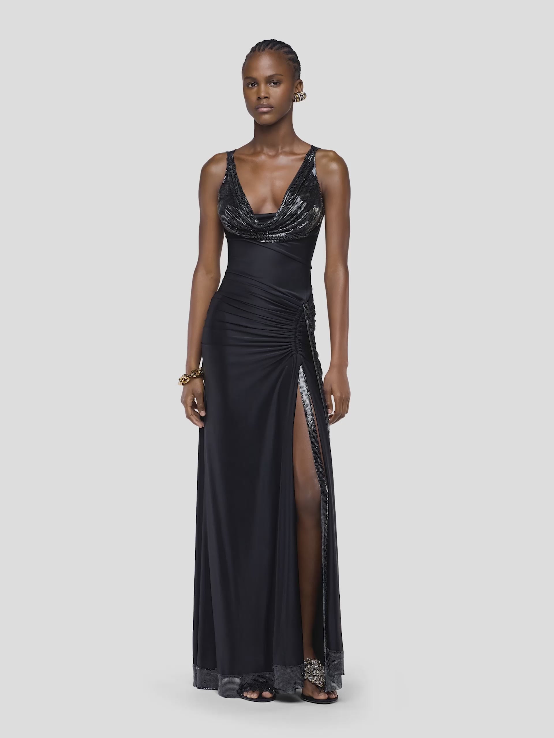 Long black mesh and jersey dress