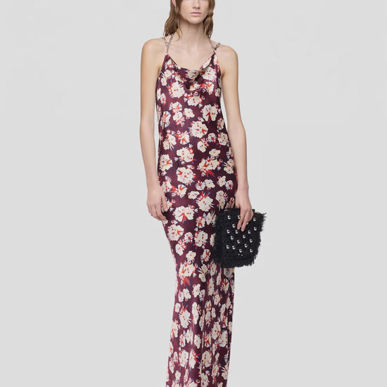 Magenta floral patterned long dress in satin silk