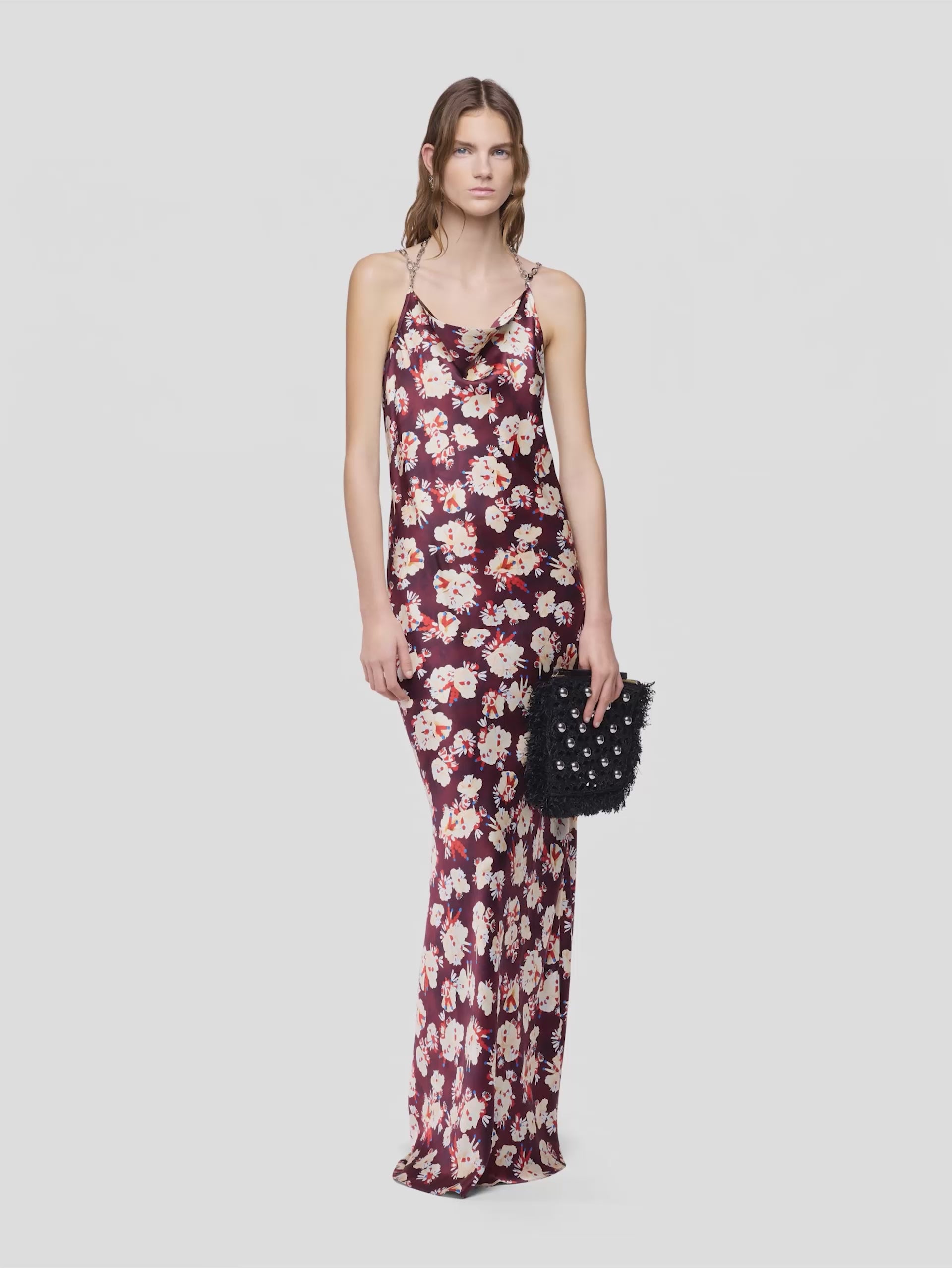 Magenta floral patterned long dress in satin silk
