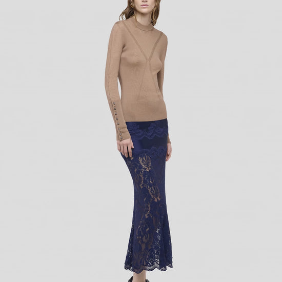 Jupe midi bleue marine en dentelle et jersey 