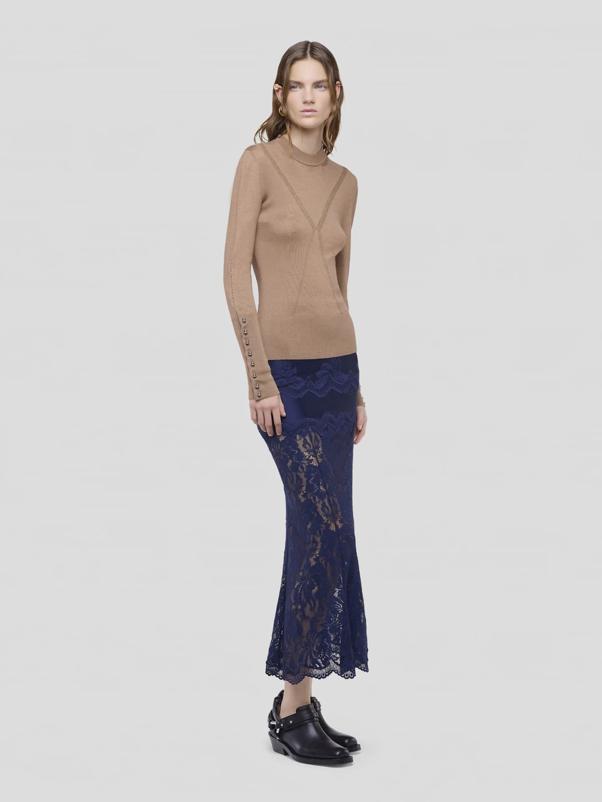 Jupe midi bleue marine en dentelle et jersey 