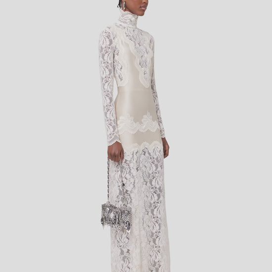 Robe longue ivoire en dentelle et jersey