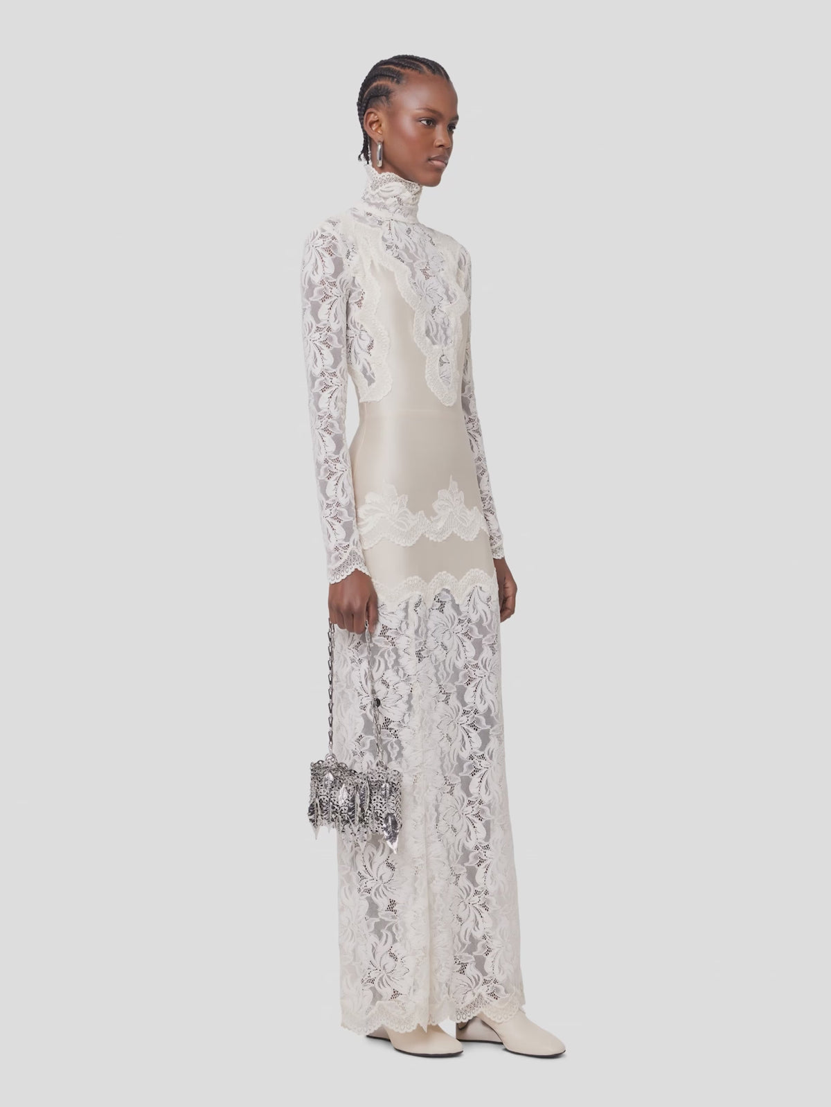 Robe longue ivoire en dentelle et jersey