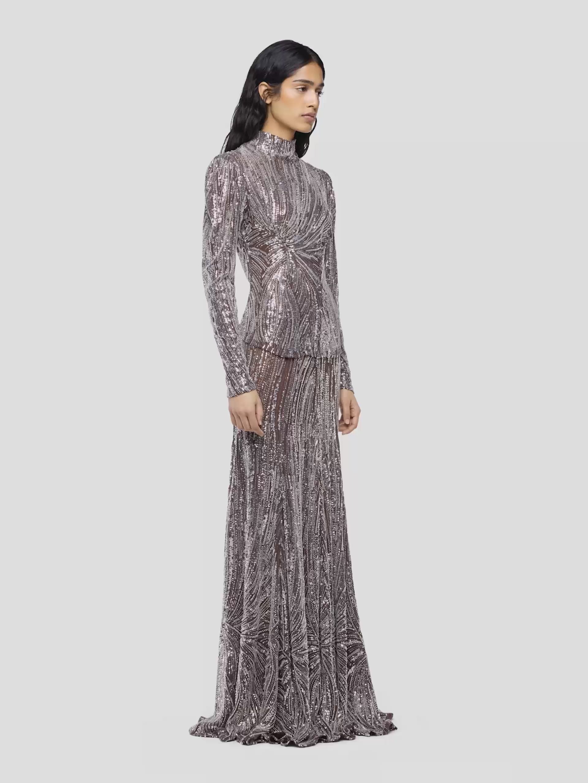 Long fluid skirt with silver embroidery details