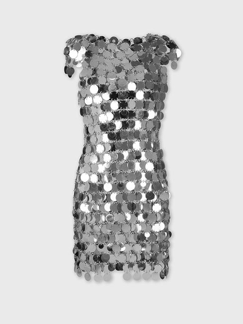 The iconic Silver sparkle discs dress