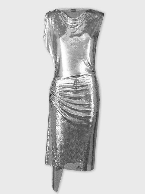 Silver drapé pression dress in chainmail