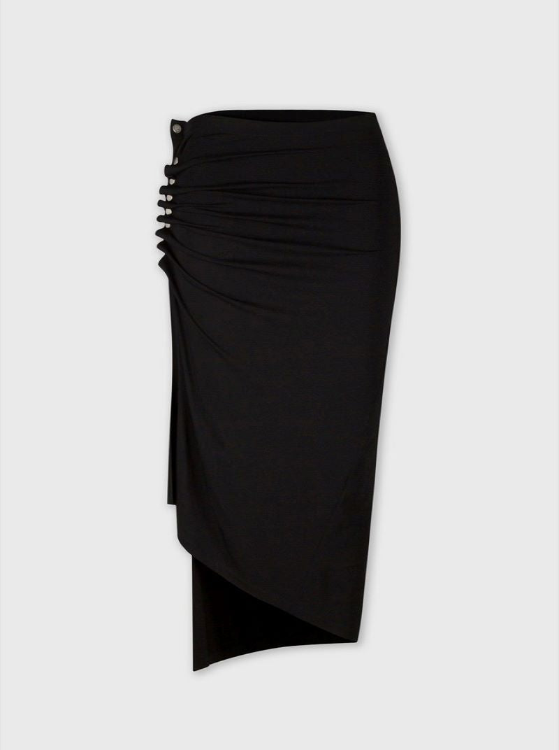 BLACK drapé pression MID-LENGTH SLIT SKIRT